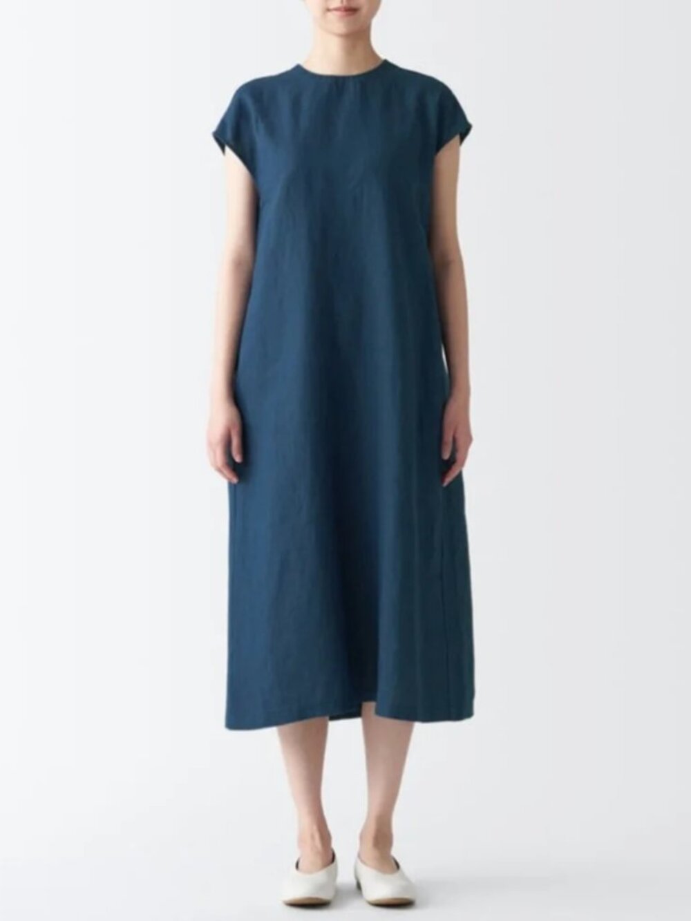 Muji Blue Washed Hemp French Sleeve Dress Size M Cottagecore Gorpcore Minimalist